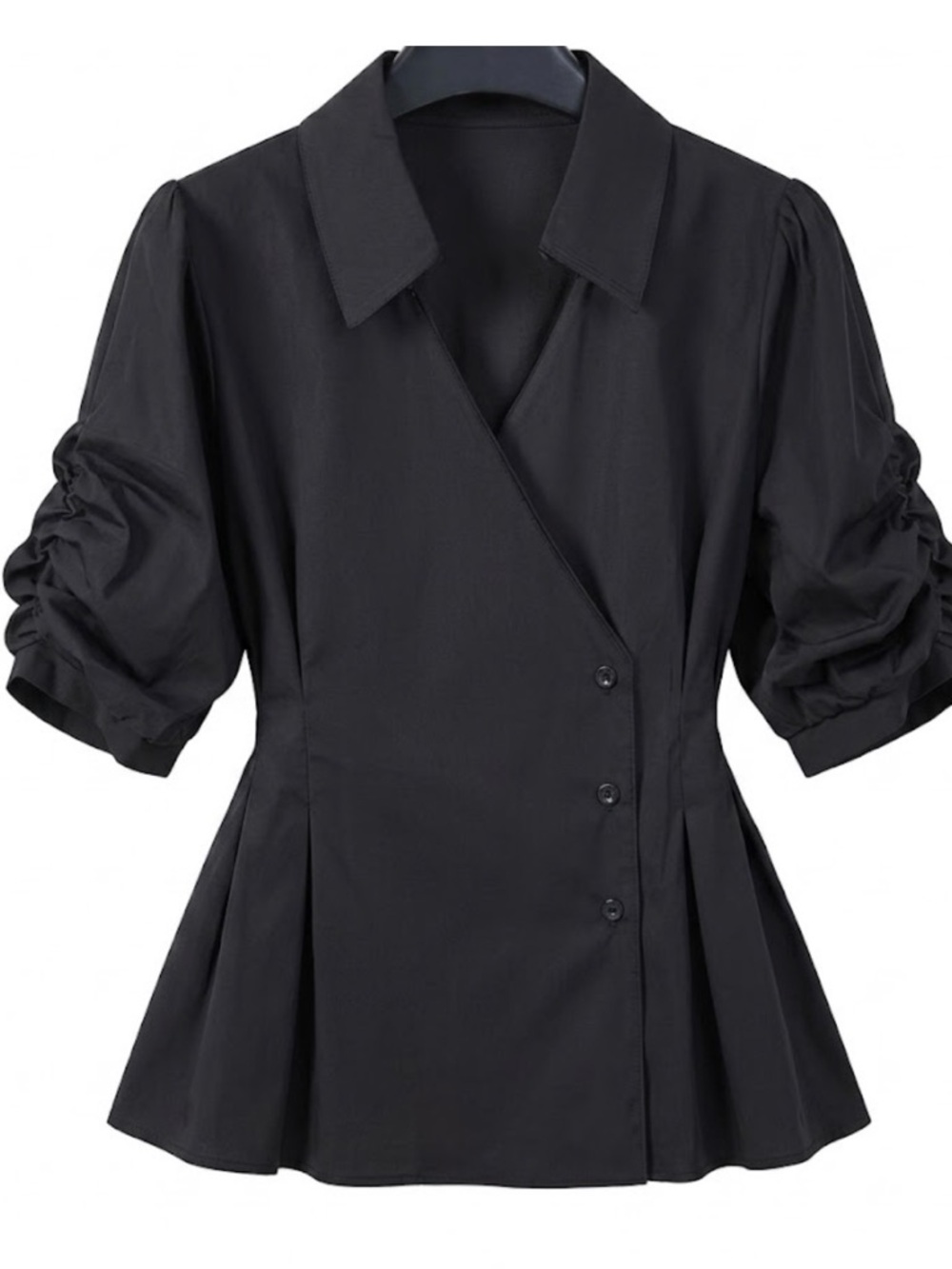 Classic Black Button-Front Blouse with Ruched Sleeves